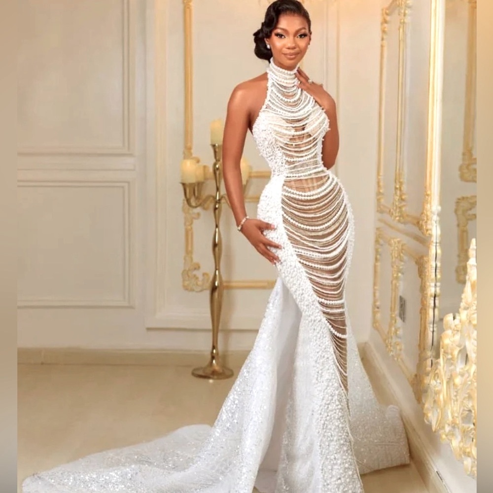 Pearl illusion Kim Kardashian inspired wedding gown